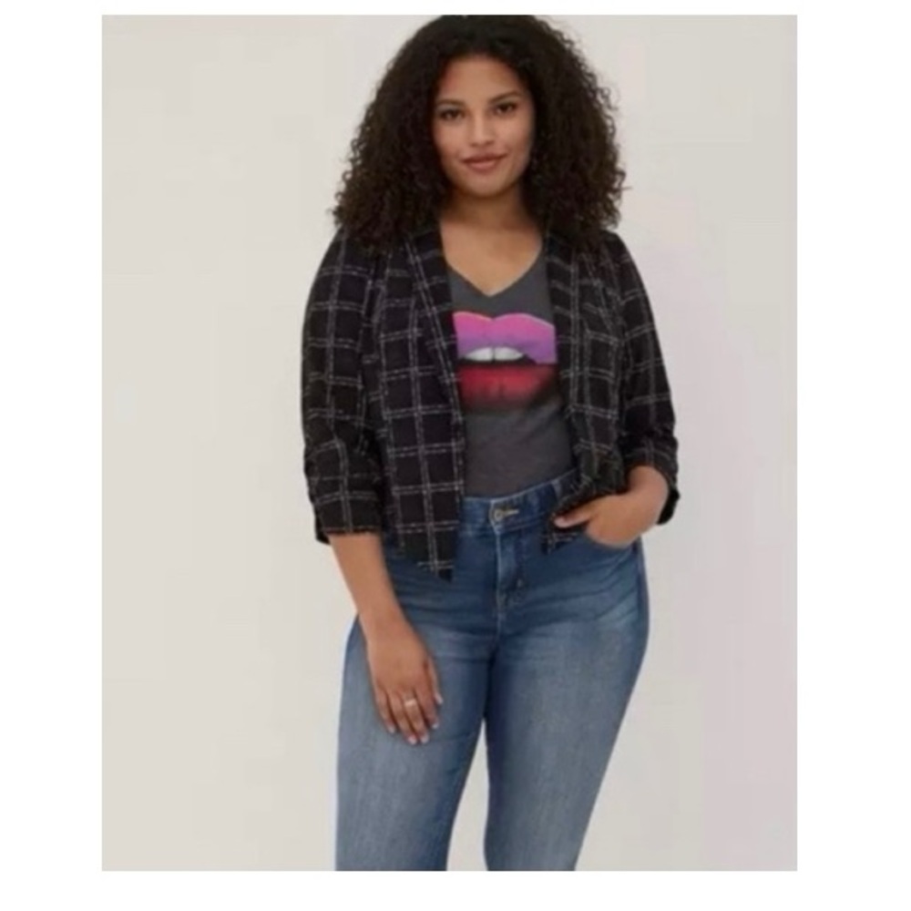 Torrid Rouched Sleeve Crepe Plaid‎ Blazer